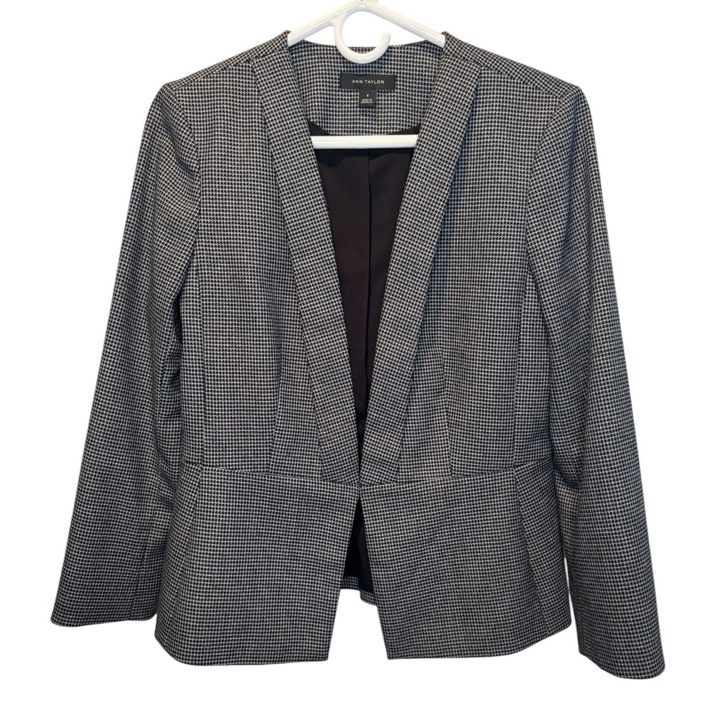Ann Taylor Womens Black White Houndstooth Open Front Peplum Blazer Jacket Size 4